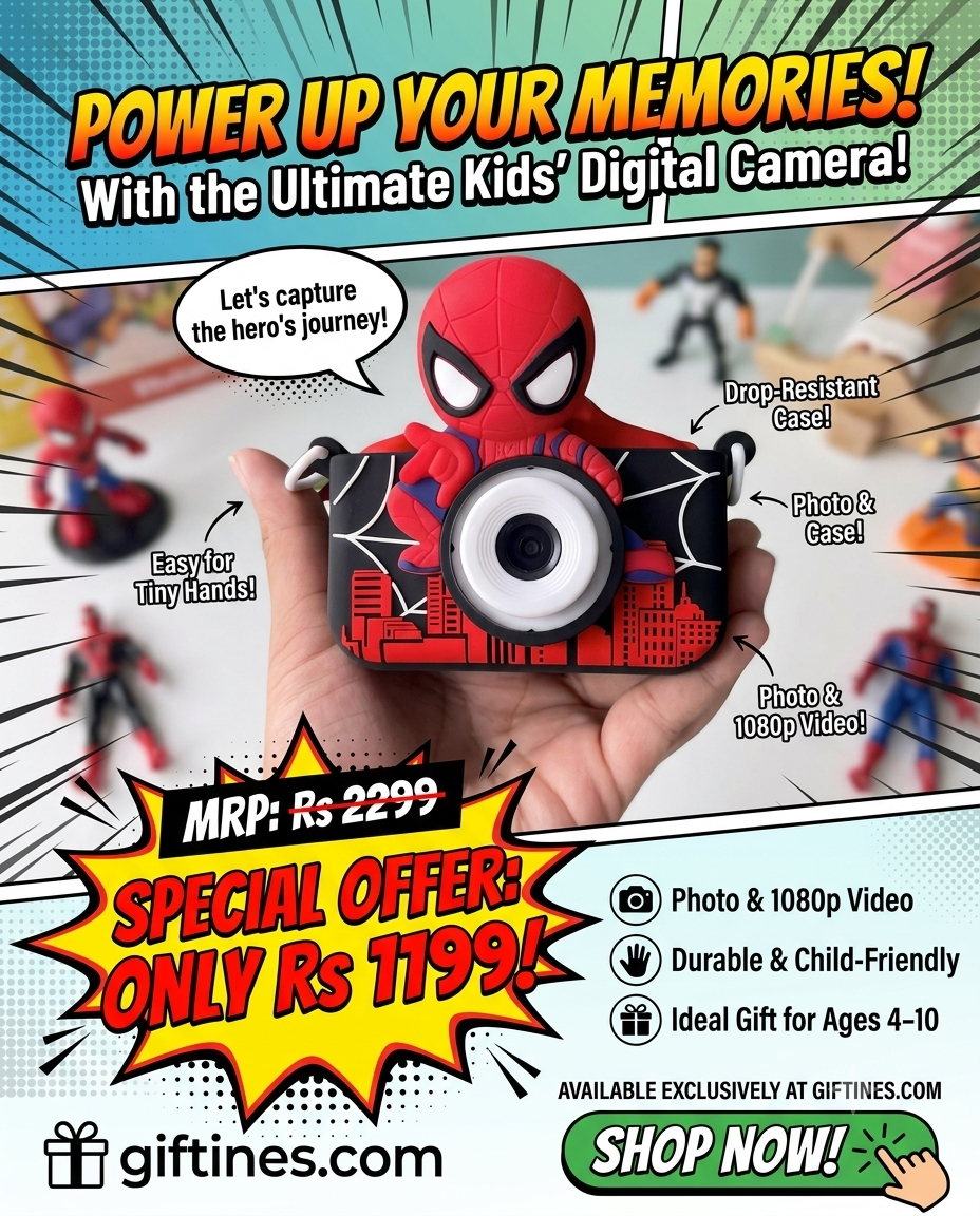 Giftines Marvel Spider-Man Kids Digital Camera with 3D Protective Case - Premium HD Photo & Video Toy Camera with Games, Frames & Lanyard, Superhero Gift for Boys and Girls