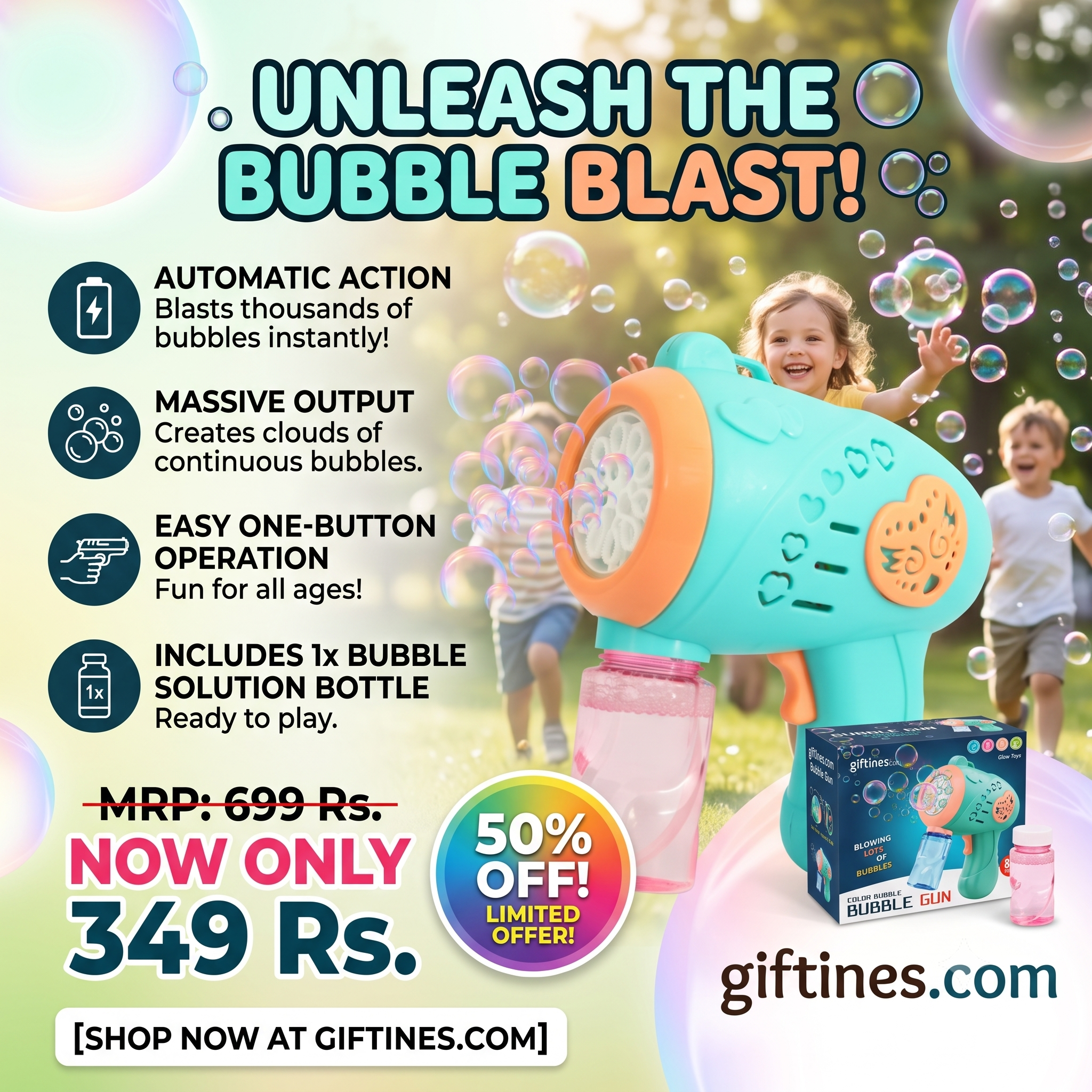 Giftines Automatic Bubble Gun Blaster – High-Output Toy for Kids with Leak-Proof Design