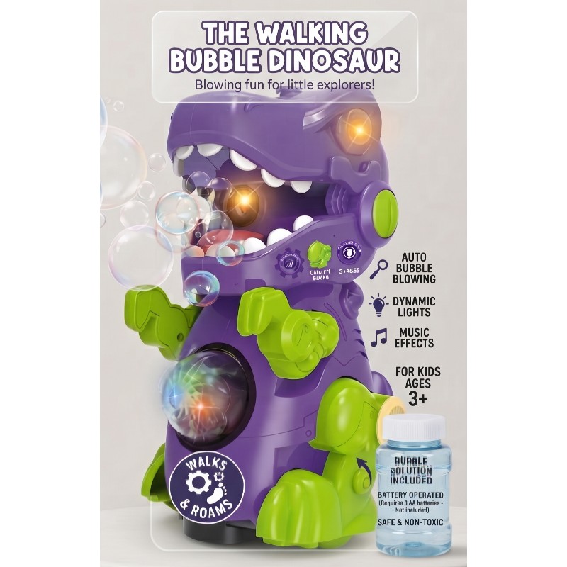 Giftines 3-in-1 Robotic Dinosaur Bubble Machine Toy - Interactive Walking Dino with Lights & Music, Bump-and-Go Action - Premium Gift for Toddlers & Kids
