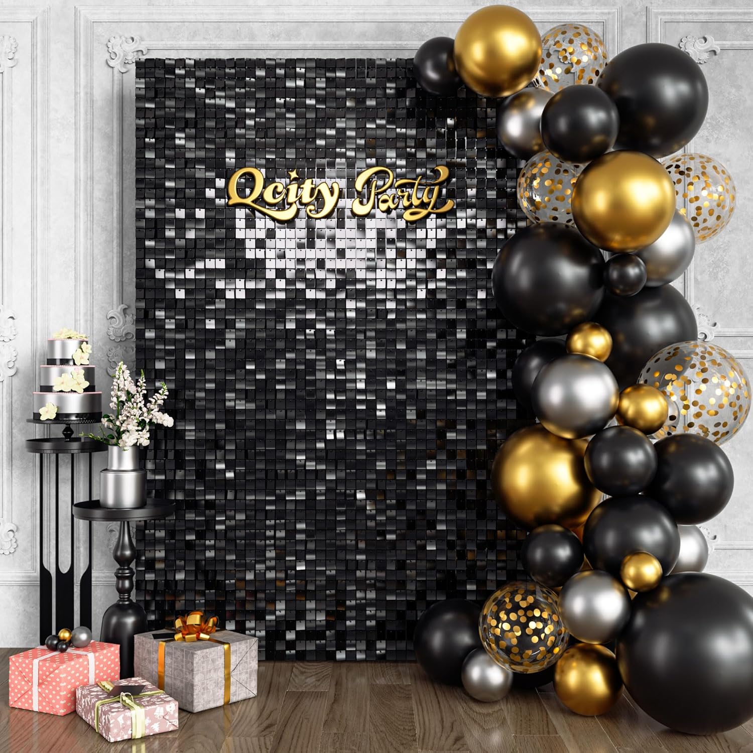 Premium Backdrop/Curtain for Photo Booth, Party Stage Background Black Color with Silver Foil Added for Shimmer Cloth Based 8 X 7 Ft