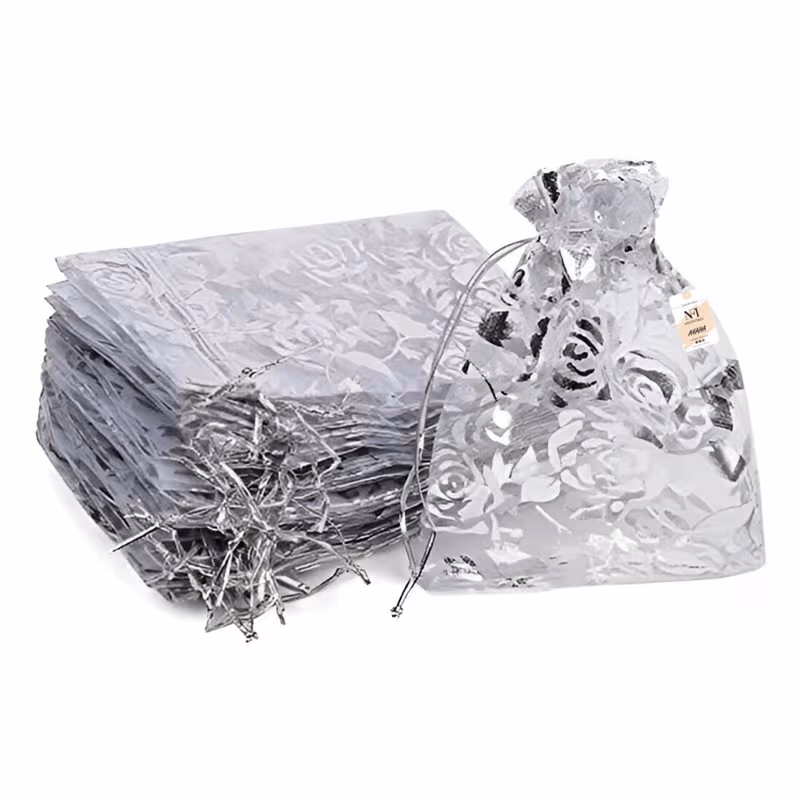 Organza Shagun Potli for Return Gift, Dry Fruit Packaging, Gifting Pouch 6 X 8 Inch - Silver