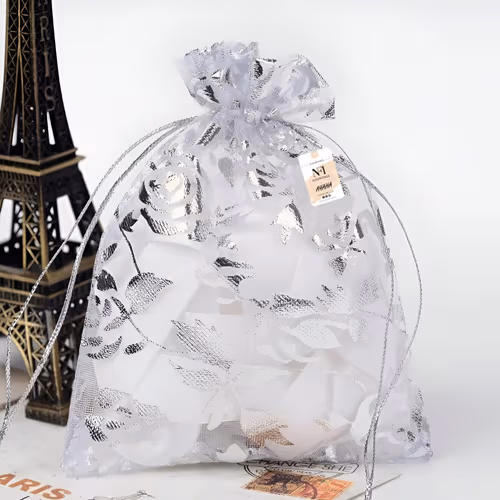 Organza Shagun Potli for Return Gift, Dry Fruit Packaging, Gifting Pouch 7 X 9 Inch - Silver
