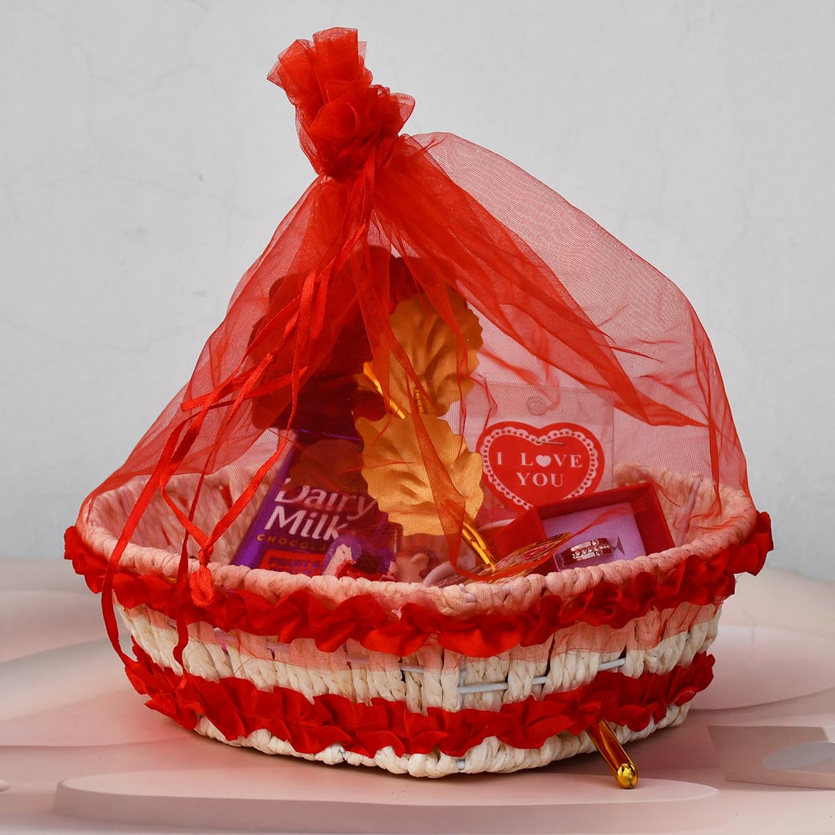 Bamboo Basket Net Cover, Handmade Decorative Gift Hamper Basket Heart Shape 6 Inch