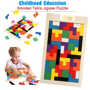 Wooden Tetris Puzzle Brain Teaser Toy Colorful Jigsaw Game