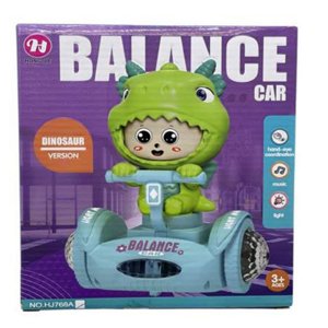 Balance Car Toy Dino Healmet wearing kid rigting a balance car